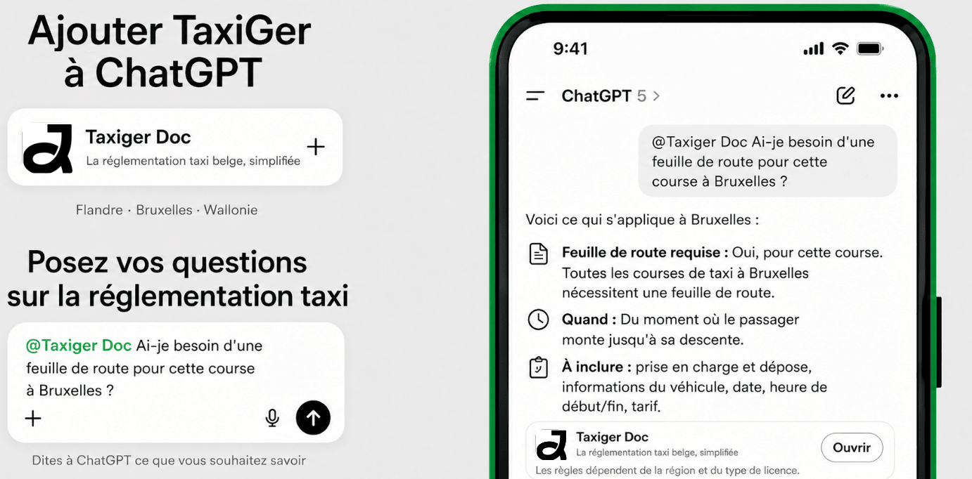 Mockup ChatGPT avec TaxiGer Doc — question sur la feuille de route à Bruxelles et réponse structurée