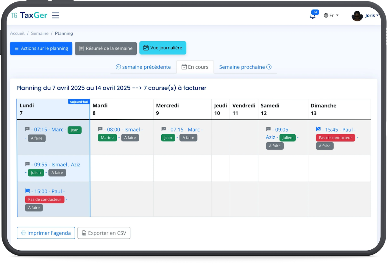 Tableau de bord TaxiGer — fonctionnalités gestion taxi Belgique